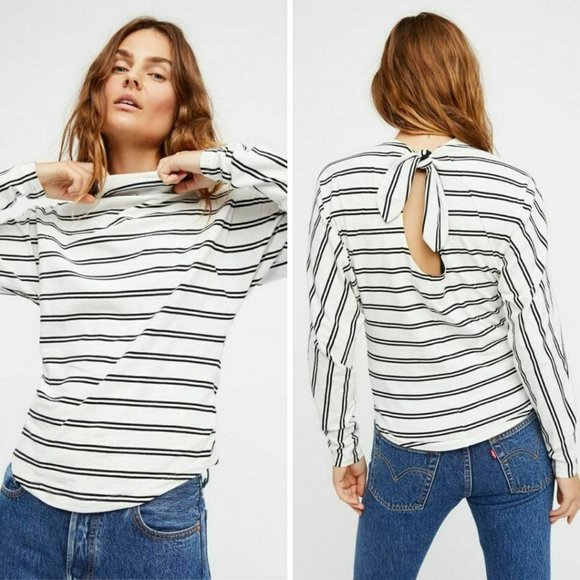 Free People Tops - Free People | Mock Neck Stripe  Ardmore Striped Tee Keyhole Back Cutout Top